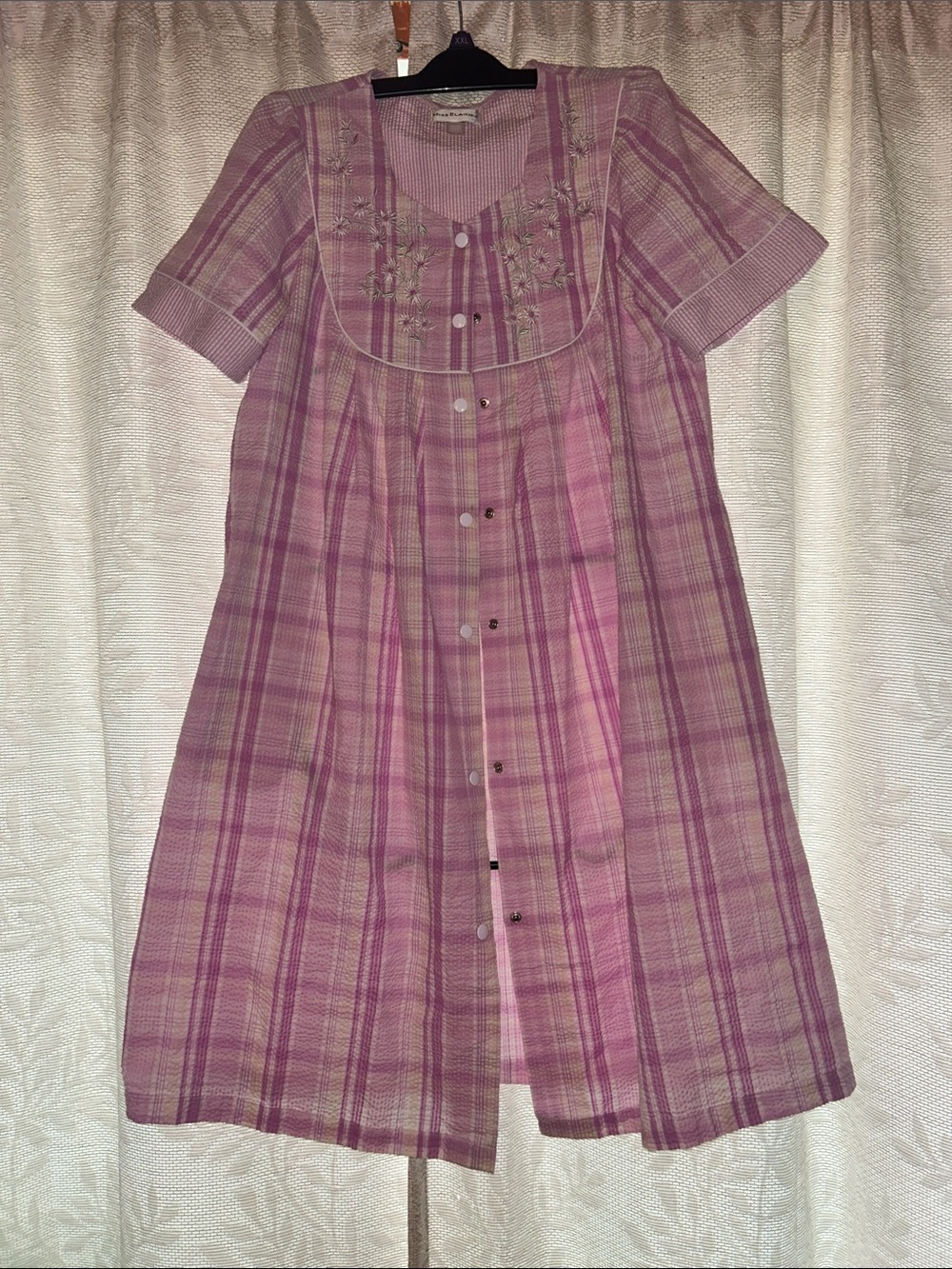 Miss Elaine Lavender and Pink Plaid Embroidered Button-Front Nightgown